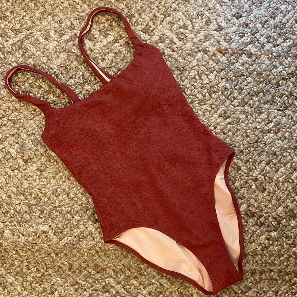 NWT J. Crew Long Torso Textured squareneck one-piece, Clay